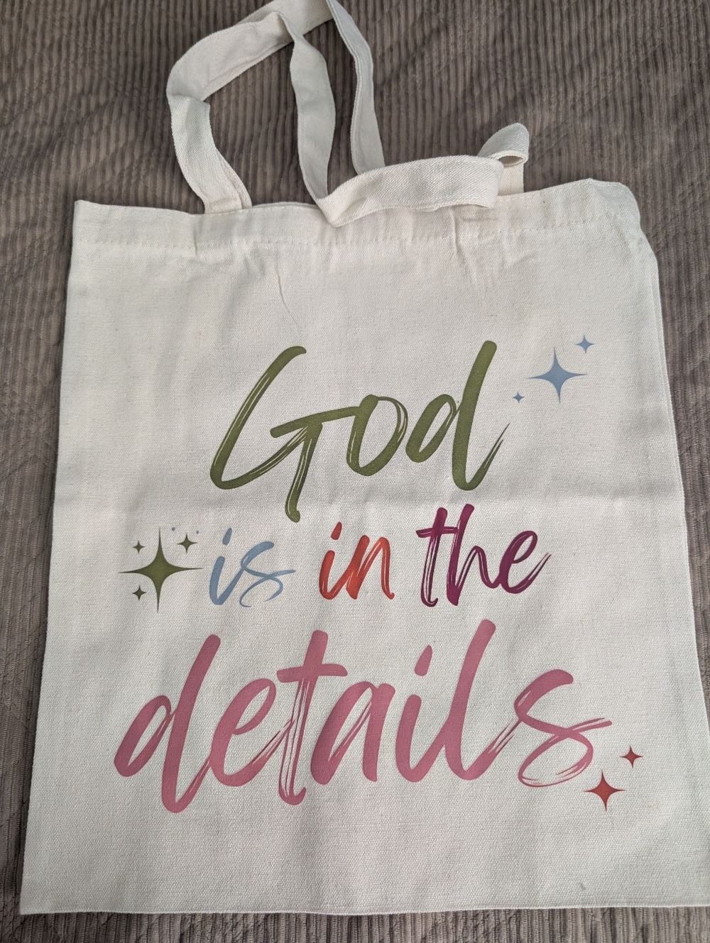 Canvas Tote Bag with 'God is in the details' Script